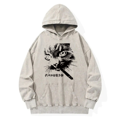Retro Cat Smoking Washed Hoodie