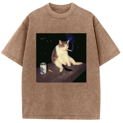 Cigarette Kitten Funny Smoking Cat Meme Washed T-Shirt