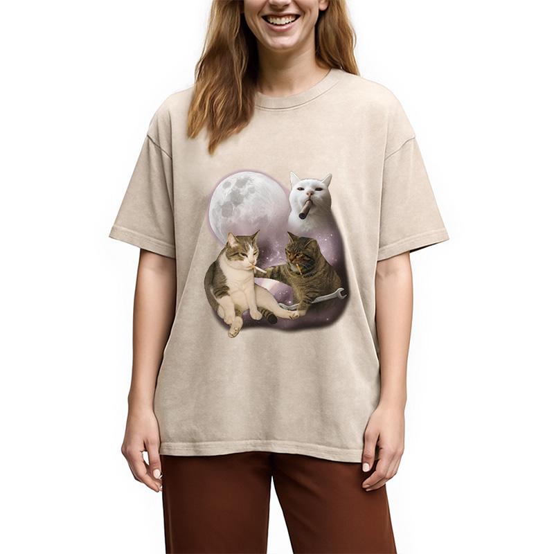 Three Cat Smoking Retro Washed T-Shirt