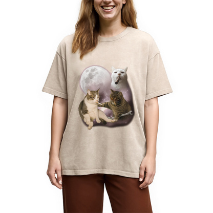 Three Cat Smoking Retro Washed T-Shirt