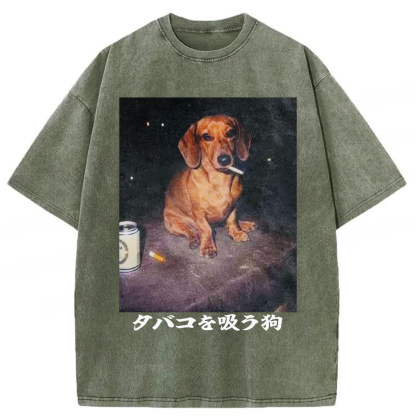 Tokyoviva Funny Dachshund Smoking Washed T-shirt