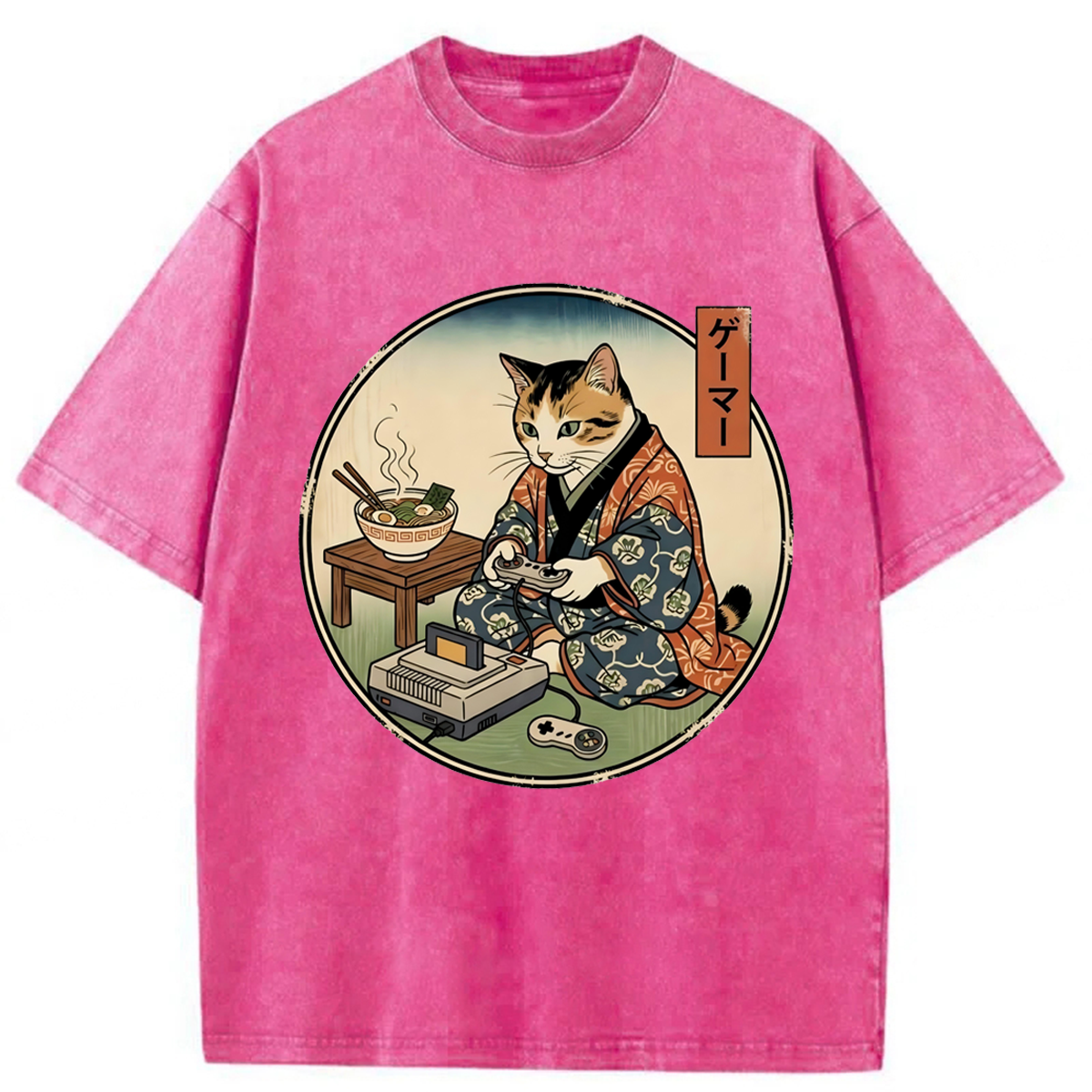 Tokyoviva Retro Gamer Cat in Kimono Washed T-shirt