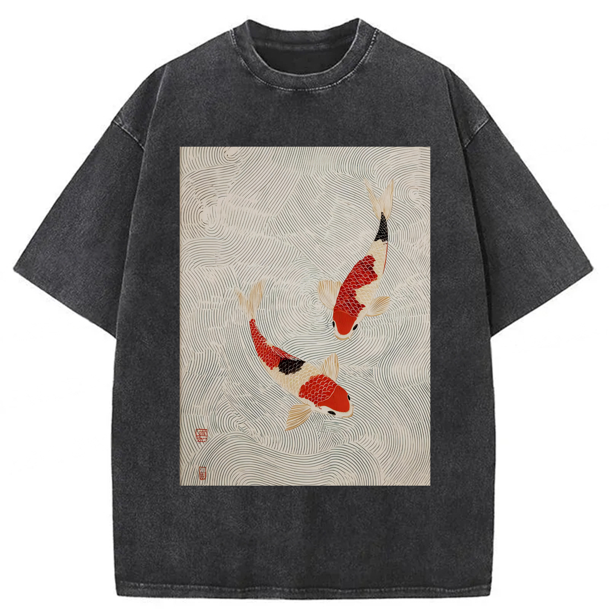 Tokyoviva Red And Cream Koi In Water Washed T-shirt