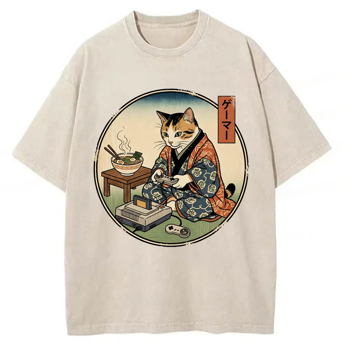 Tokyoviva Retro Gamer Cat in Kimono Washed T-shirt