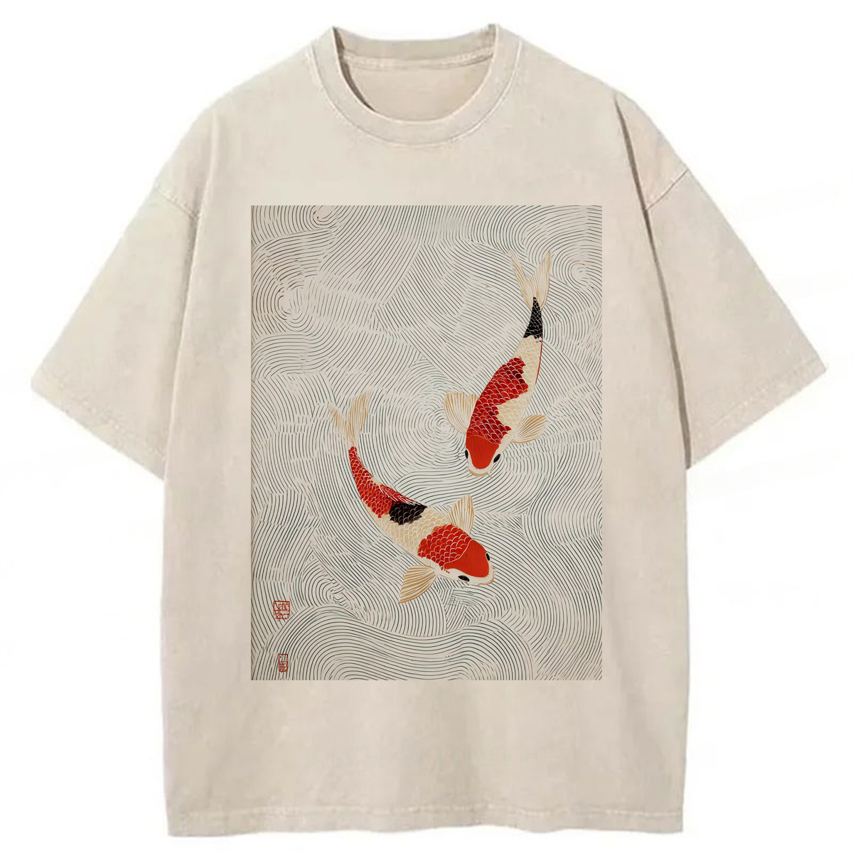 Tokyoviva Red And Cream Koi In Water Washed T-shirt