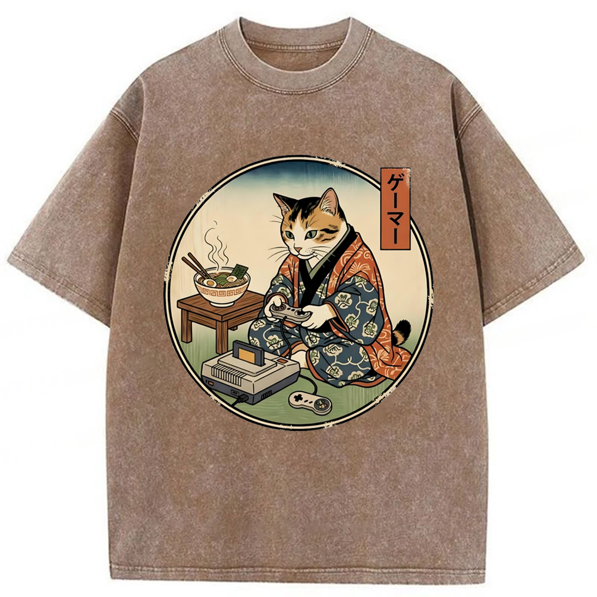Tokyoviva Retro Gamer Cat in Kimono Washed T-shirt