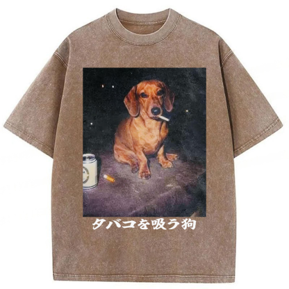 Tokyoviva Funny Dachshund Smoking Washed T-shirt