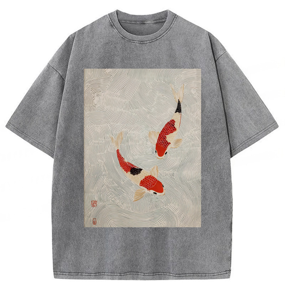 Tokyoviva Red And Cream Koi In Water Washed T-shirt