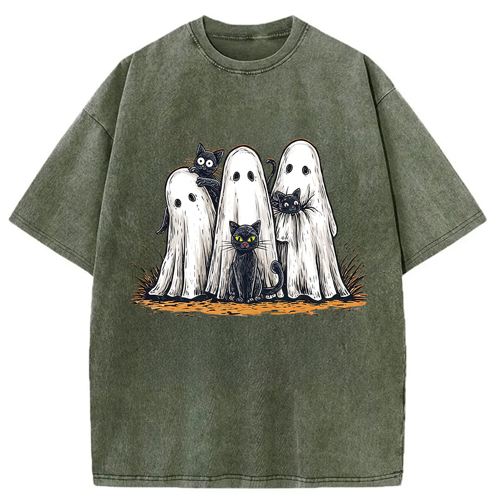 Black Cat Ghost Halloween Washed T-Shirt