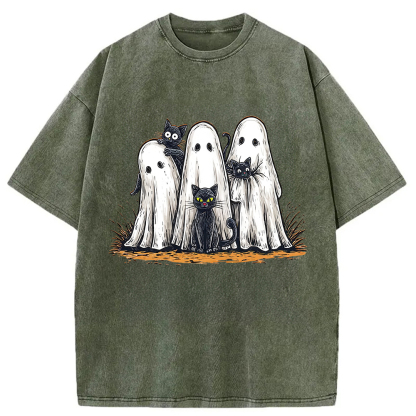 Black Cat Ghost Halloween Washed T-Shirt