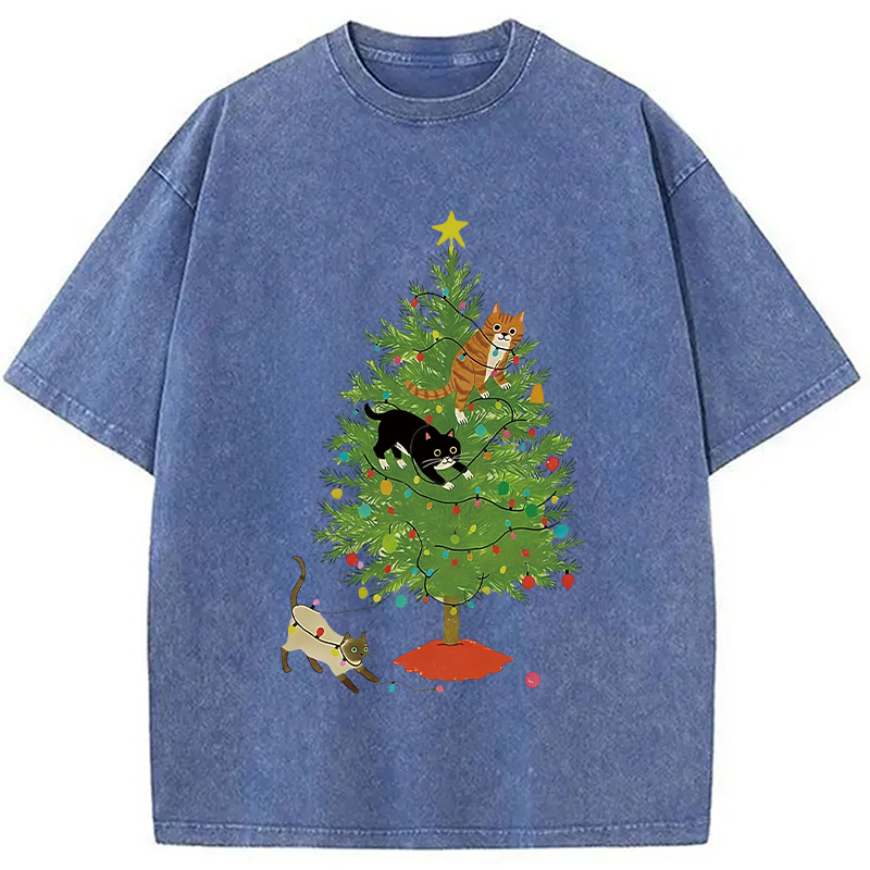 Cats Playing On The Christmas Tree Washed T-Shirt
