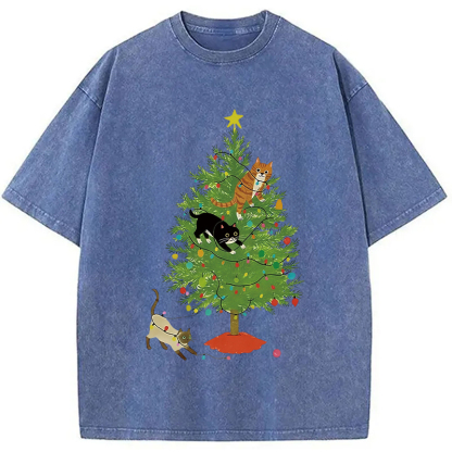 Cats Playing On The Christmas Tree Washed T-Shirt