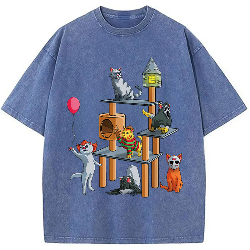 Funny Cat Horror Movies Cute Halloween Washed T-Shirt