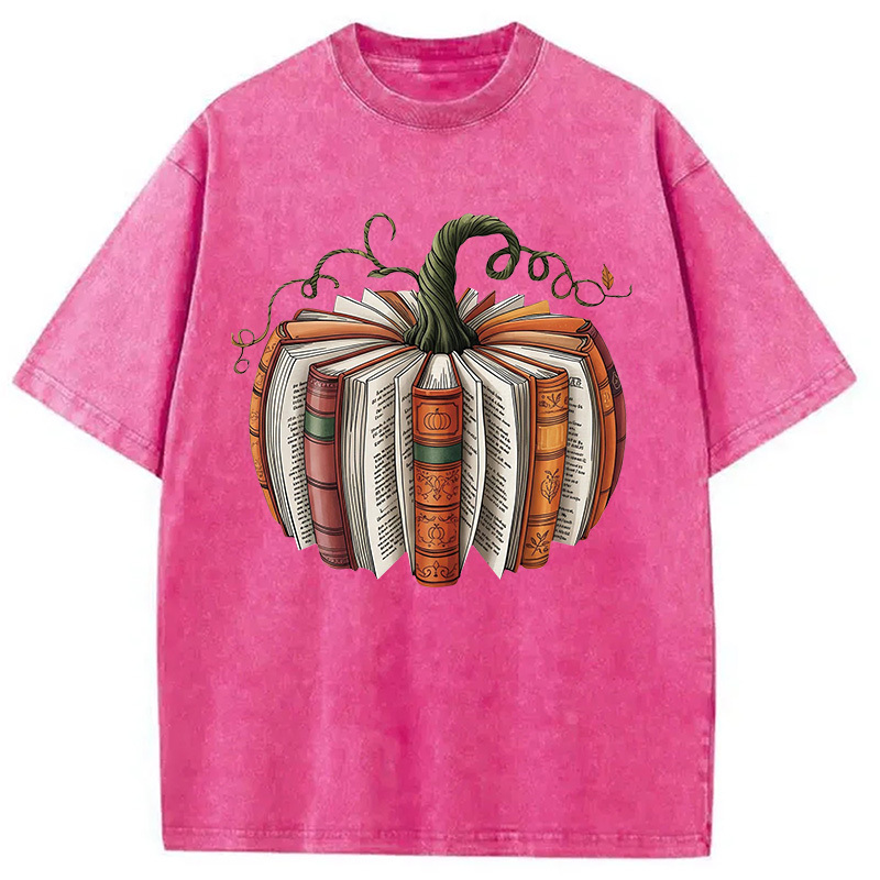 Fall Book Pumpkin Halloween Washed T-Shirt