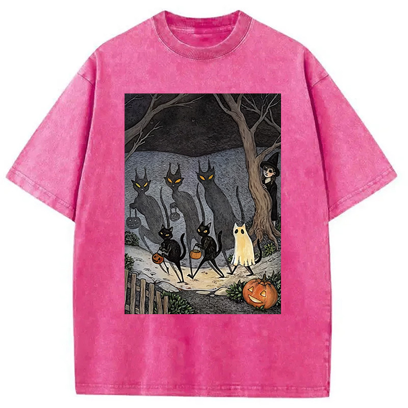 Black Cat Ghost Halloween Washed T-Shirt