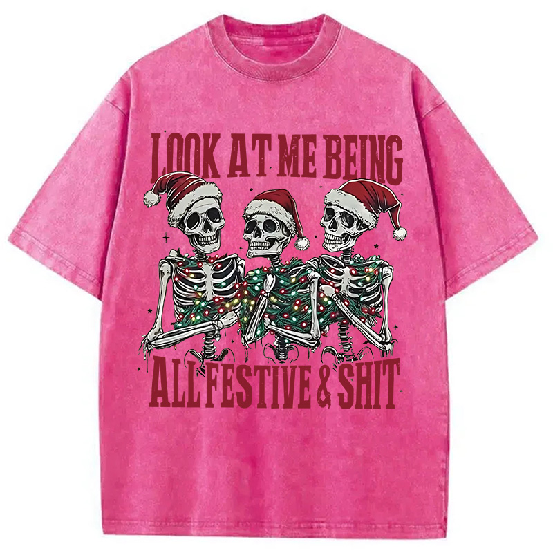 Funny Christmas Skull Washed T-Shirt