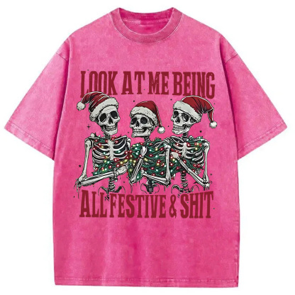 Funny Christmas Skull Washed T-Shirt