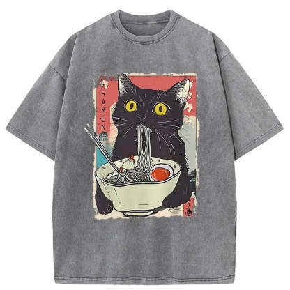 Cute Cat Eating Ramen Washed T-Shirt
