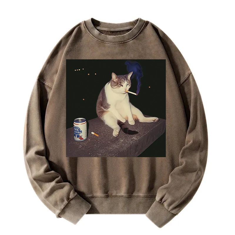 Cigarette Kitten Funny Smoking Cat Meme Washed Sweatshirt