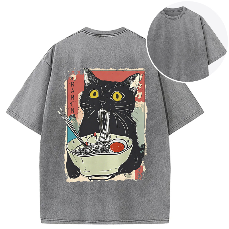 Cute Cat Eating Ramen Back Washed T-Shirt