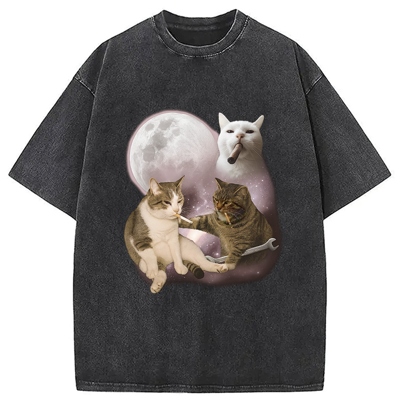 Three Cat Smoking Retro Washed T-Shirt