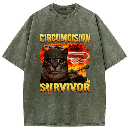 Circumcision Survivor Funny Cat Meme Washed T-Shirt