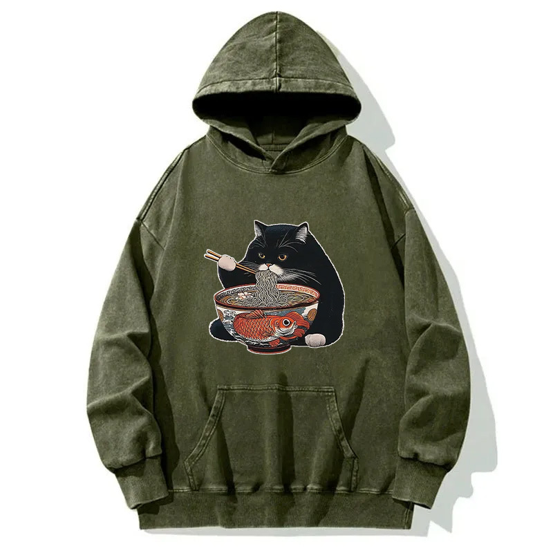 Fat Cat Eating Ramen Washed Hoodie