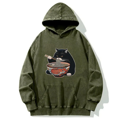 Fat Cat Eating Ramen Washed Hoodie