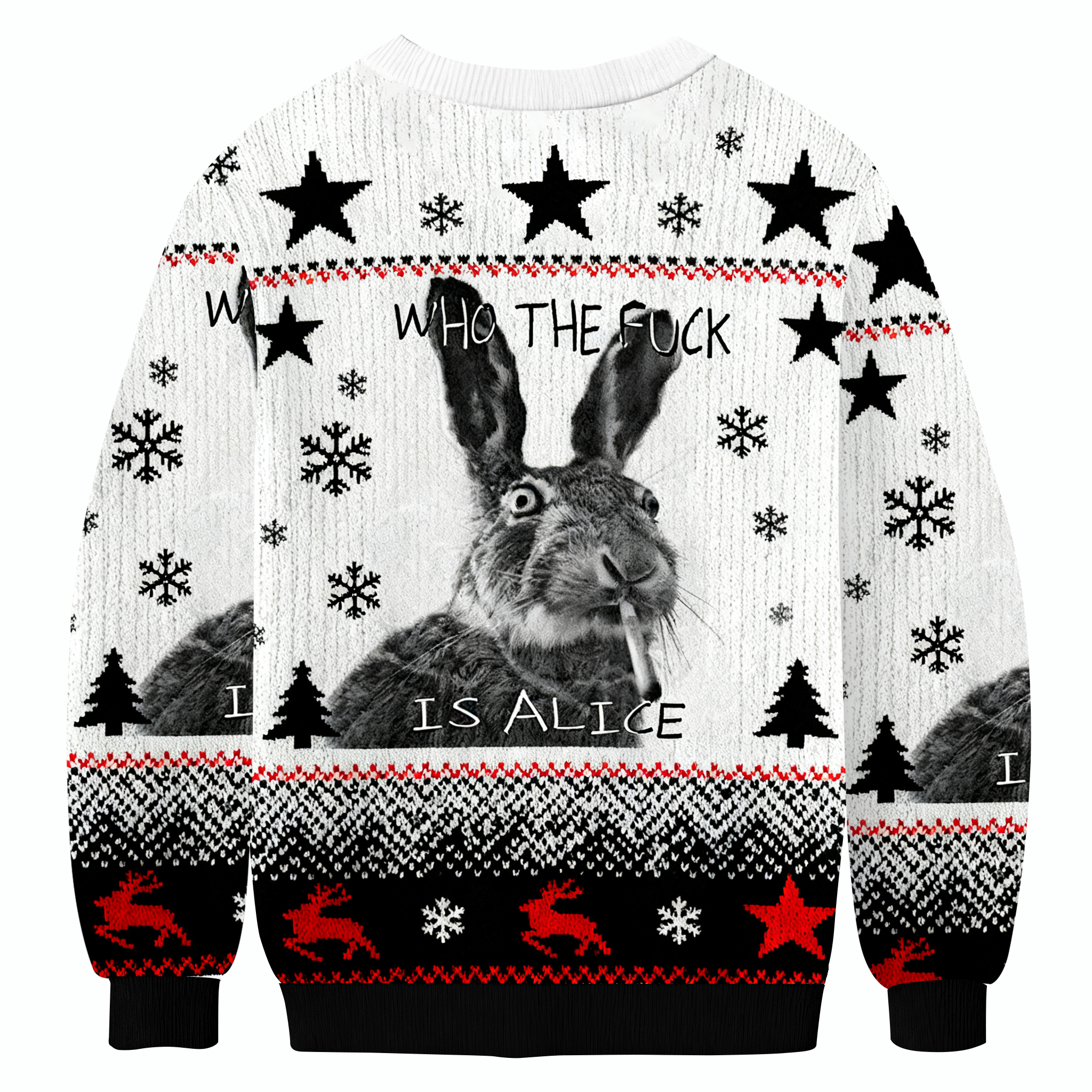 Who The Fuck Is Alice Funny Smoking Rabbit Meme Christmas Ugly Sweatshirt