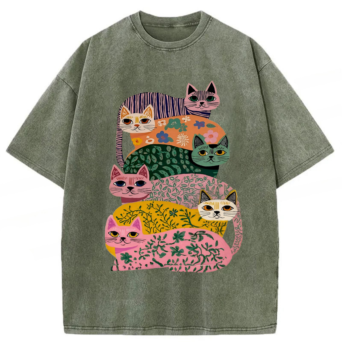 Tokyoviva Whimsical Floral Cats Washed T-shirt