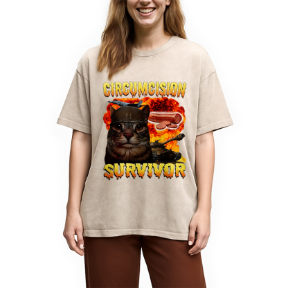 Circumcision Survivor Funny Cat Meme Washed T-Shirt