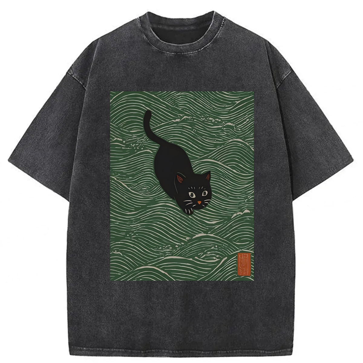 Tokyoviva Black Cat In Waves Washed T-shirt