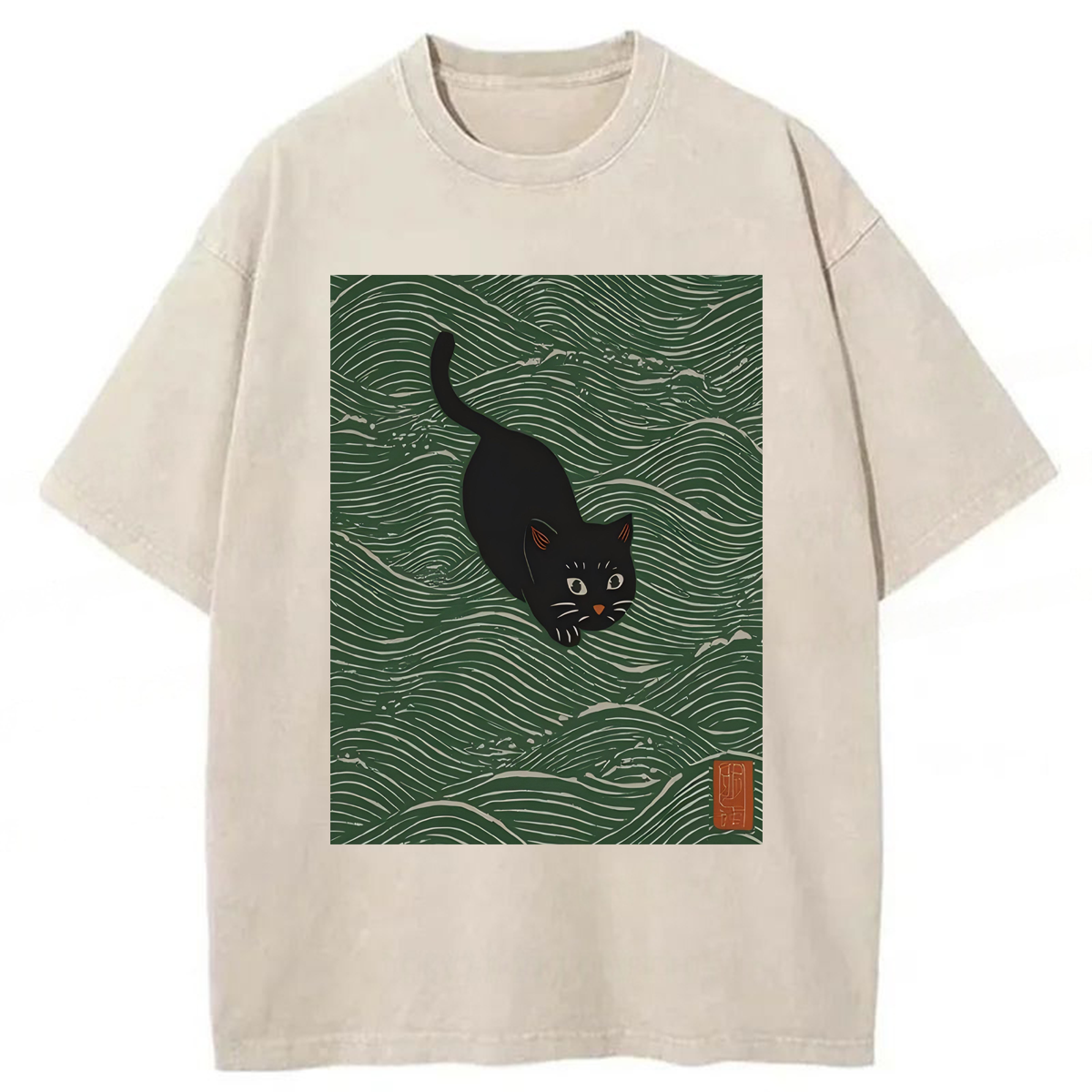 Tokyoviva Black Cat In Waves Washed T-shirt