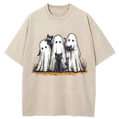 Black Cat Ghost Halloween Washed T-Shirt