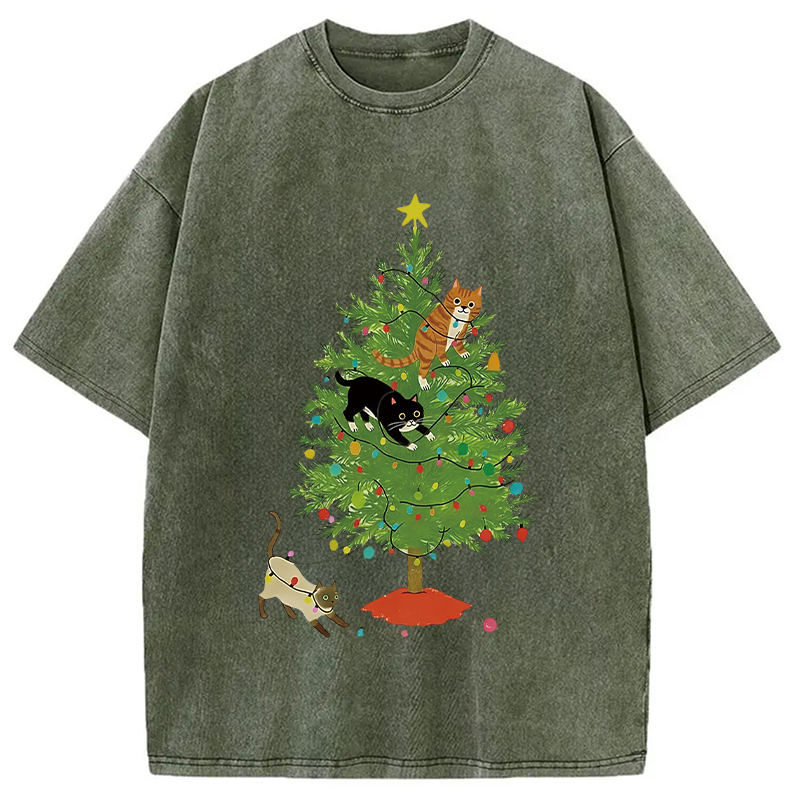 Cats Playing On The Christmas Tree Washed T-Shirt