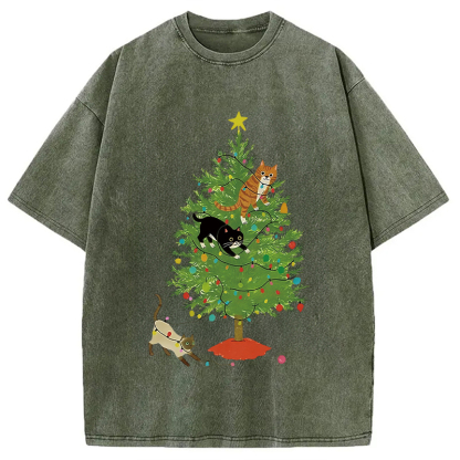 Cats Playing On The Christmas Tree Washed T-Shirt