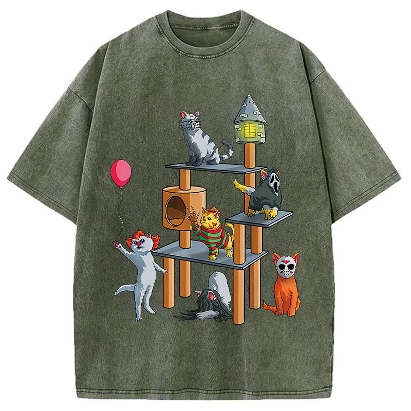 Funny Cat Horror Movies Cute Halloween Washed T-Shirt