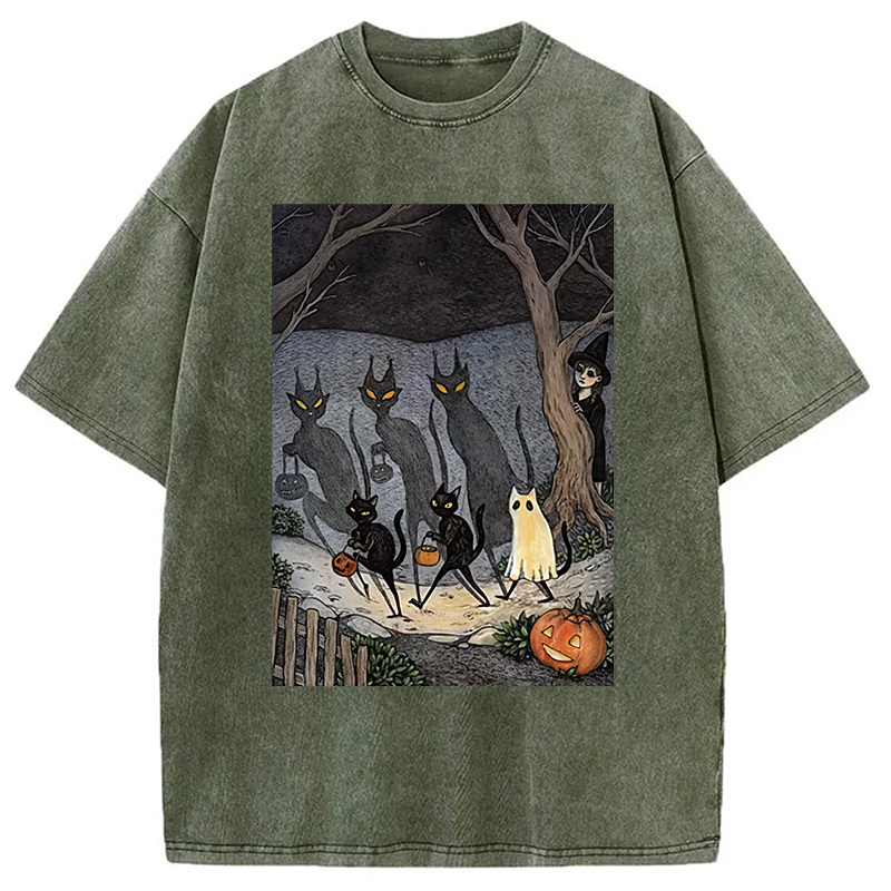 Black Cat Ghost Halloween Washed T-Shirt
