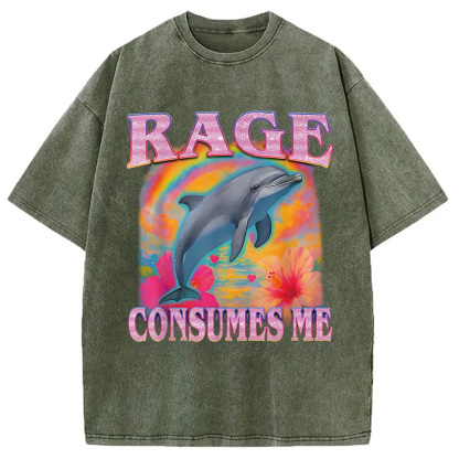 Rage Consumes Me Dolphin Meme Washed T-Shirt