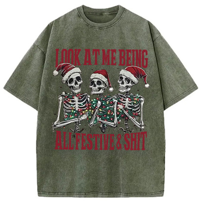 Funny Christmas Skull Washed T-Shirt