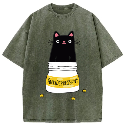 Cute Cat Antidepressant Funny Meme Washed T-Shirt