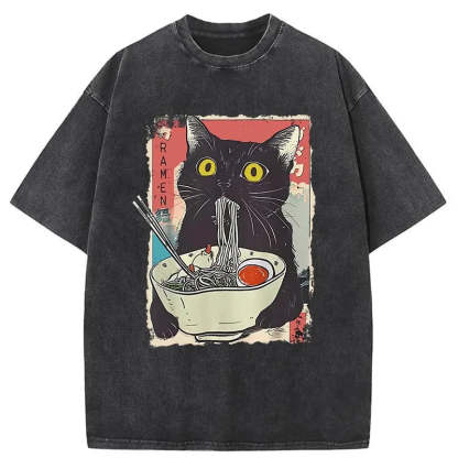 Cute Cat Eating Ramen Washed T-Shirt