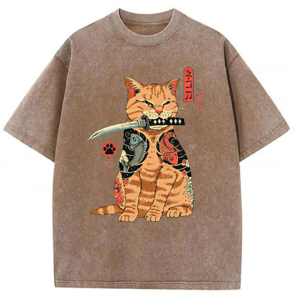 Tokyoviva Samurai Cat Washed T-shirt