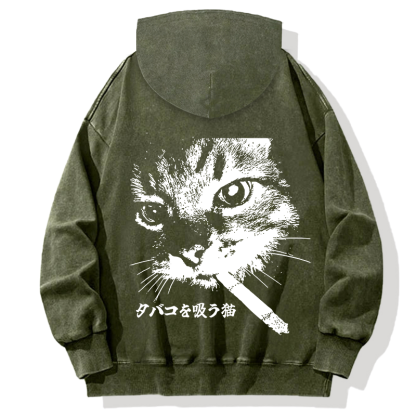 Retro Cat Smoking Back Washed Hoodie