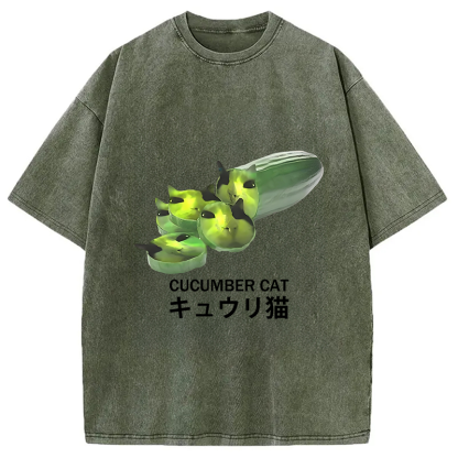 Funny Cucumber Cat Meme Washed T-Shirt