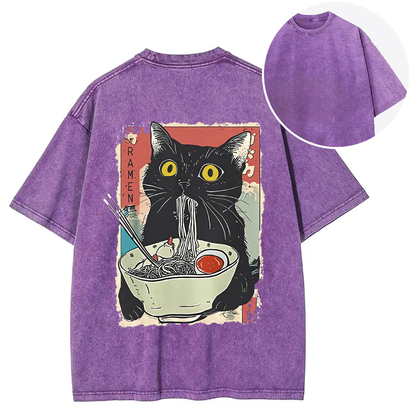 Cute Cat Eating Ramen Back Washed T-Shirt