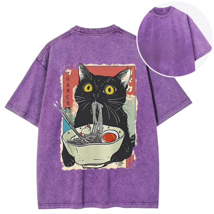 Cute Cat Eating Ramen Back Washed T-Shirt