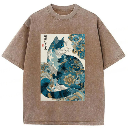 Tokyoviva Retro Zen Cat Living The Present Washed T-shirt