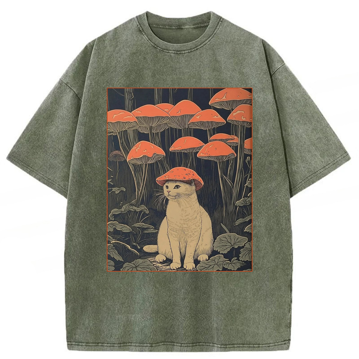 Tokyoviva Cat With Mushroom Hat Washed T-shirt