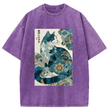 Tokyoviva Retro Zen Cat Living The Present Washed T-shirt